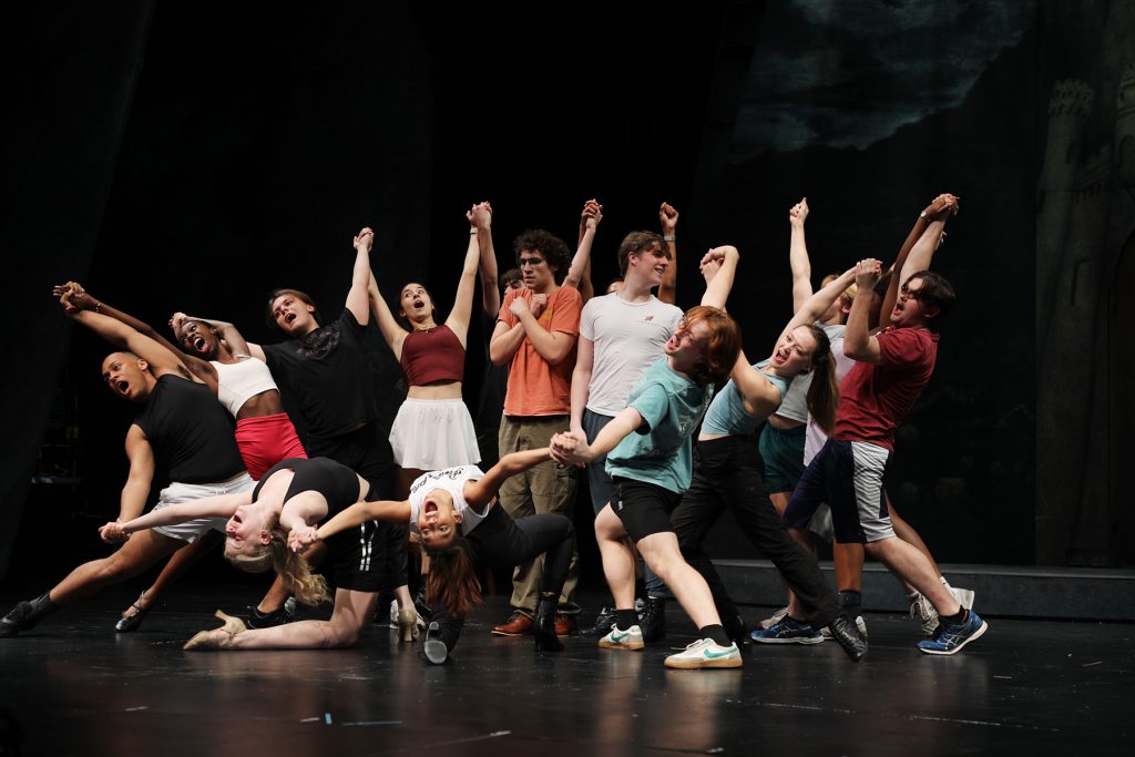 Frederick (Vicente Tomé) and troupe celebrate the triumphant reanimation of The Monster (Chijioke Oparaji) during a rendition of 'Puttin’ on the Ritz.' (FSU School of Theatre)