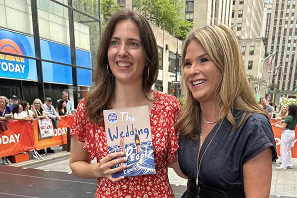 Jenna Bush Hager of the "Today" show selected "The Wedding People" as her summer reading selection in 2024. Here, Espach promotes her book and stands outside the studio with Hager following the announcement. (Photo courtesy of Alison Espach)