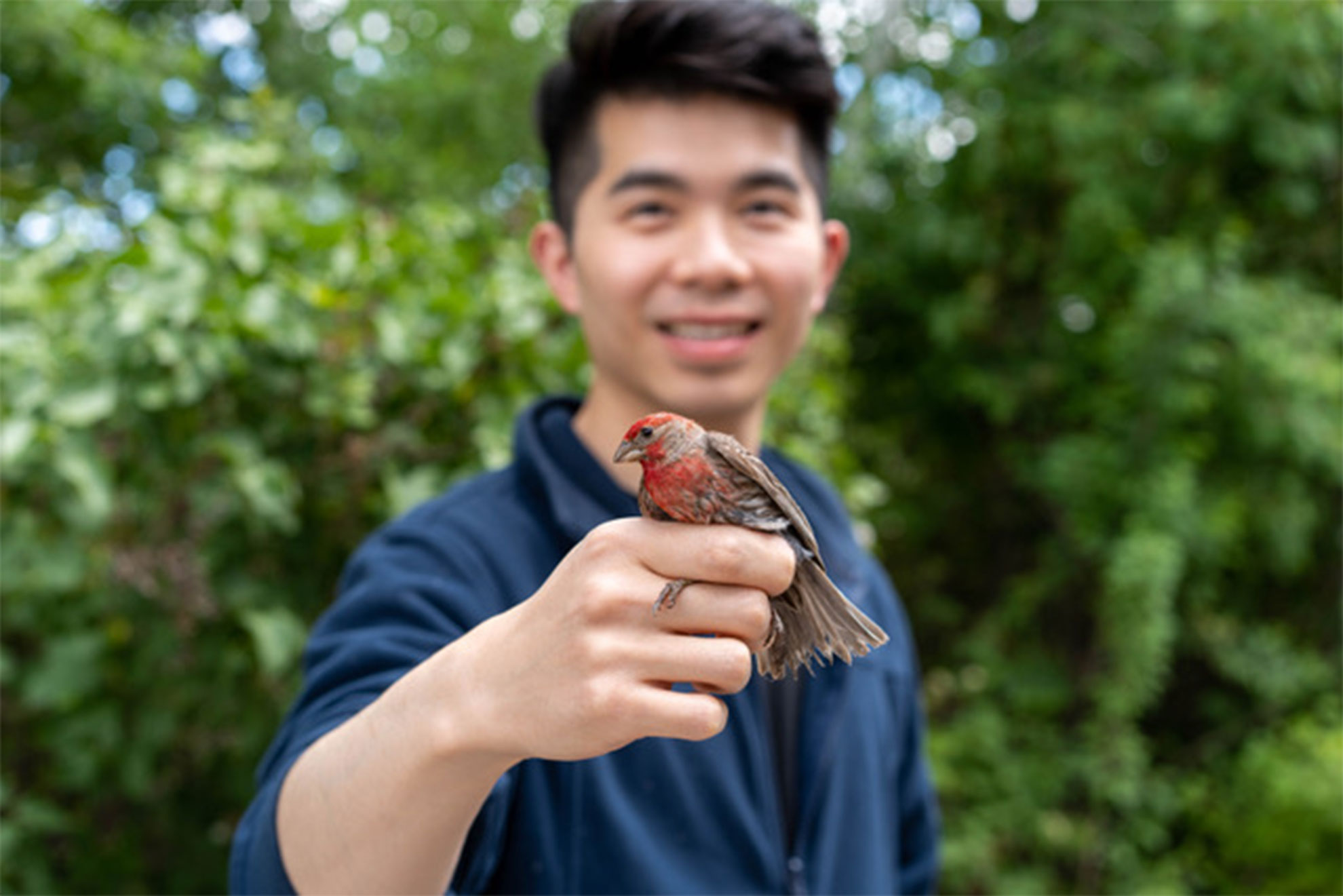 Bohao Fang with a house finch.