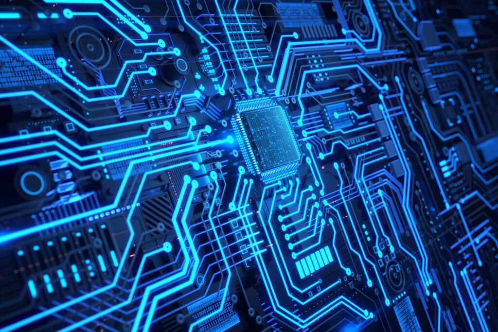 A modern mechanical circuit board with digital information flowing.