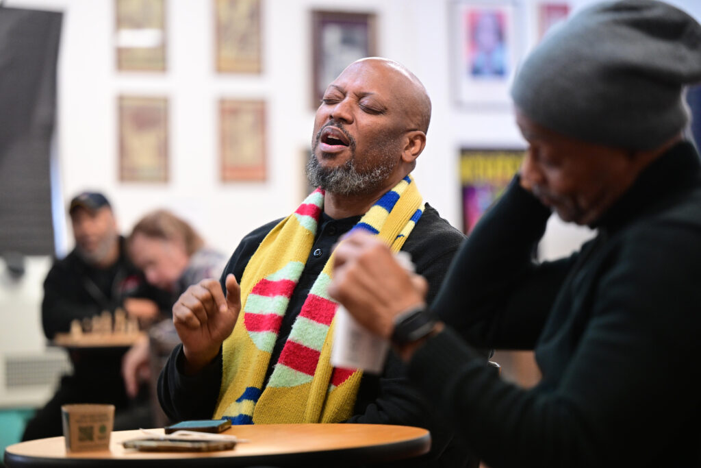 Duane Foster rehearsing for the role of Eddie in Melda Beaty's <i>Coconut Cake</i>. The Black Rep is currently presenting the show in WashU’s A.E. Hotchner Studio Theatre through March 2. (Photo: Danny Reise/WashU)” class=”wp-image-701567″ sizes=”auto, (max-width: 1024px) 100vw, 1024px”><figcaption class=