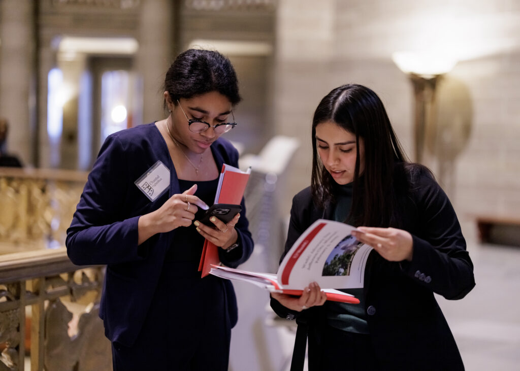 WashU students Chantal Ogbeifun (left) and Jahselyn Medina take part in the inaugural WashU Advocacy Day. (Photo: Whitney Curtis/WashU)