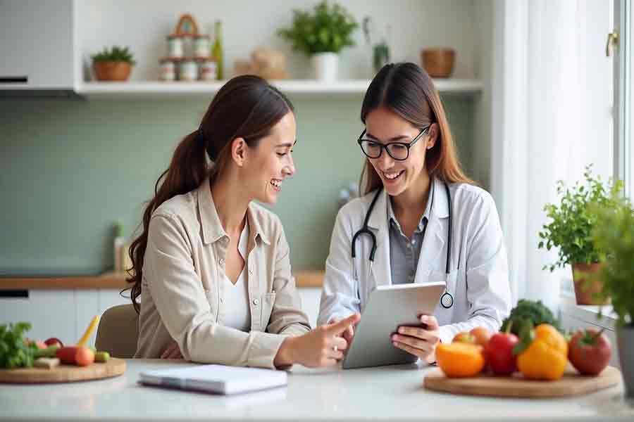 A healthcare provider and patient converse about lifestyle changes to enhance the patient's well-being. Image courtesy of Yanina/Adobe Stock Images.
