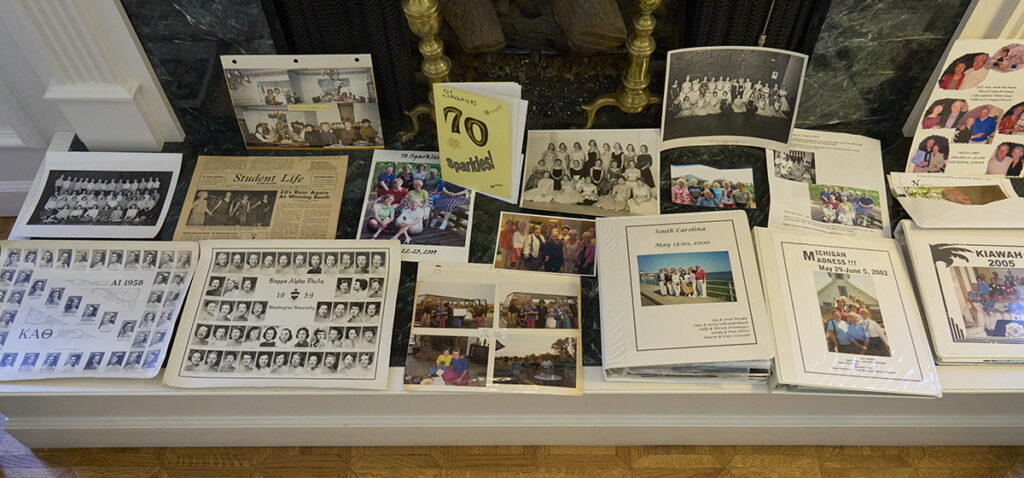 Memorabilia from the Thetas' 60-plus years of friendship graced the hearth in Woolforth's home in January 2025.