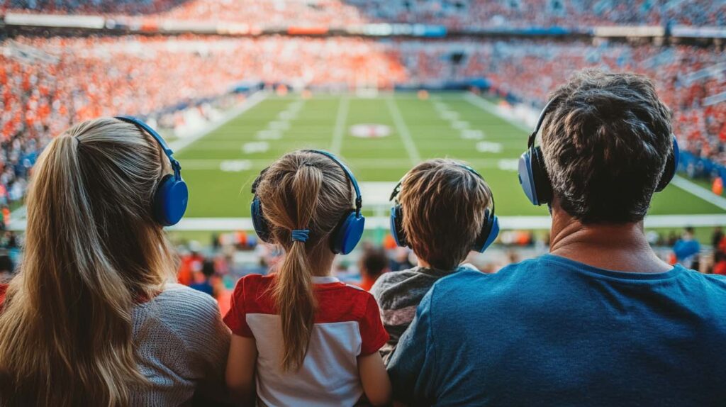 Concept image depicting a family of football enthusiasts wearing ear protection at an event. Image credit: Nicole Smith, created with Midjourney