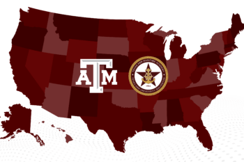 A visual representation of the United States featuring the Texas A&M logo alongside the seal of the Texas A&M Maritime Academy.