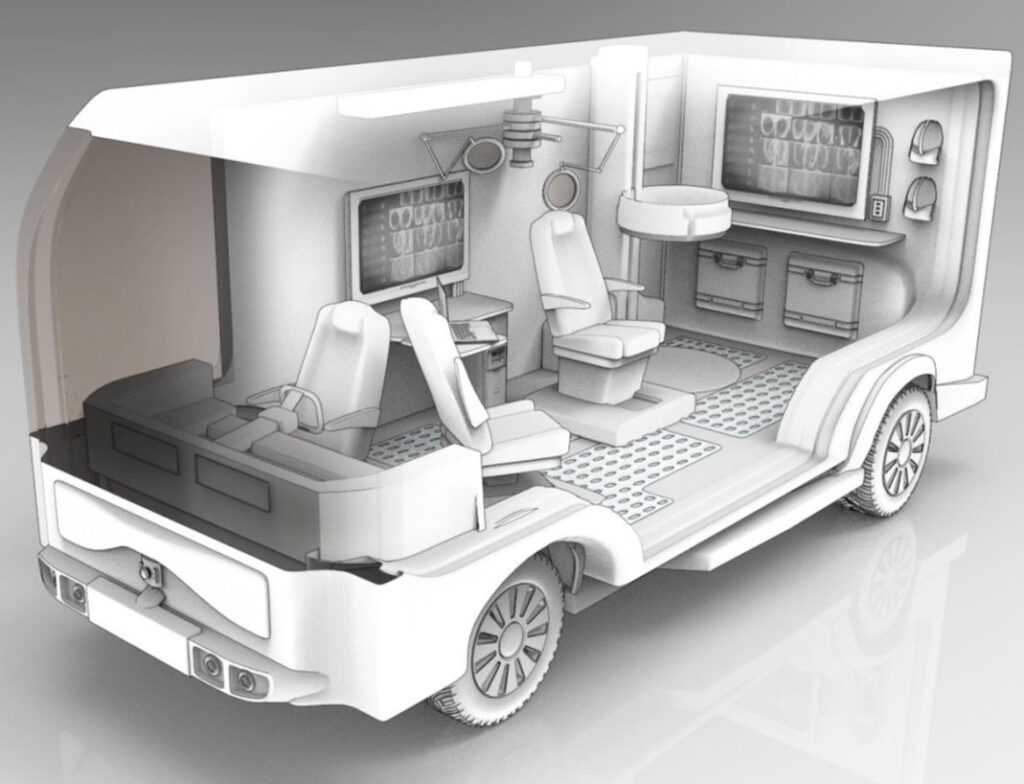 An illustration depicts a vehicle comparable to a shuttle bus outfitted with a chair for examinations and procedures, adjustable ceiling lights, cabinets, screens, a desk, and additional furnishings typical of a doctor's office.