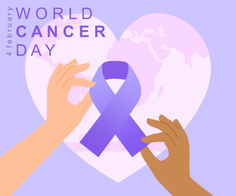 A visual representation for World Cancer Day. Two distinct hands grasping a cancer ribbon with a heart-shaped globe in the background.