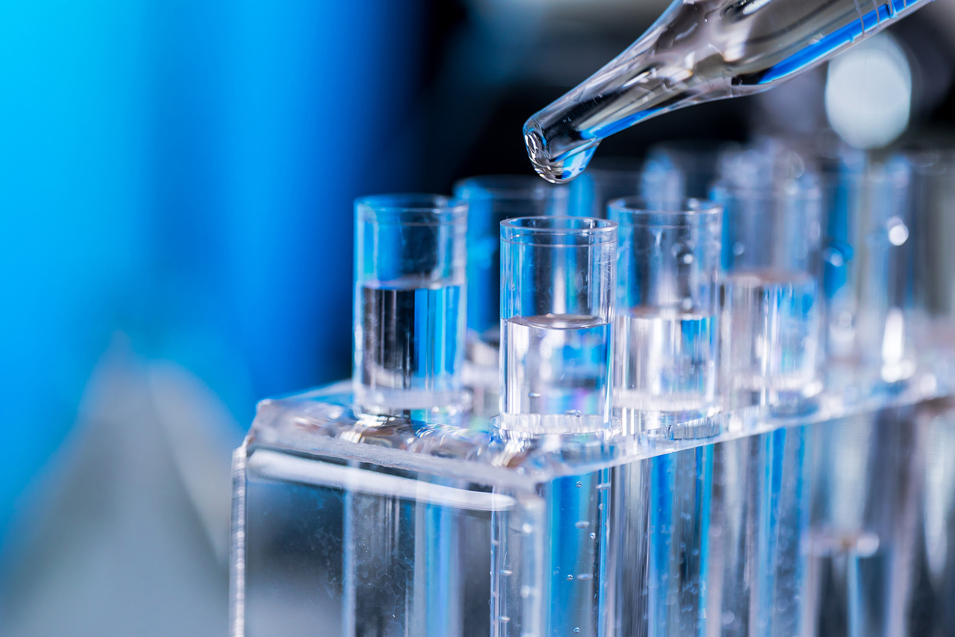 Close-up of laboratory test tubes.