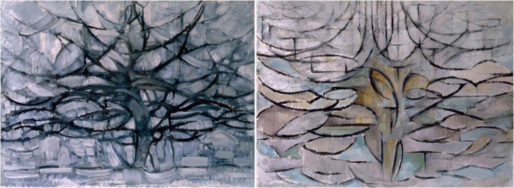 Two paintings by Piet Mondrian depicting the same tree display black brush strokes against a predominantly gray backdrop. In the left painting, a branching tree-like shape is clearly recognizable. In the right painting, with an unnatural branch diameter scaling factor, the strokes resemble fish scales or ripples on a surface.