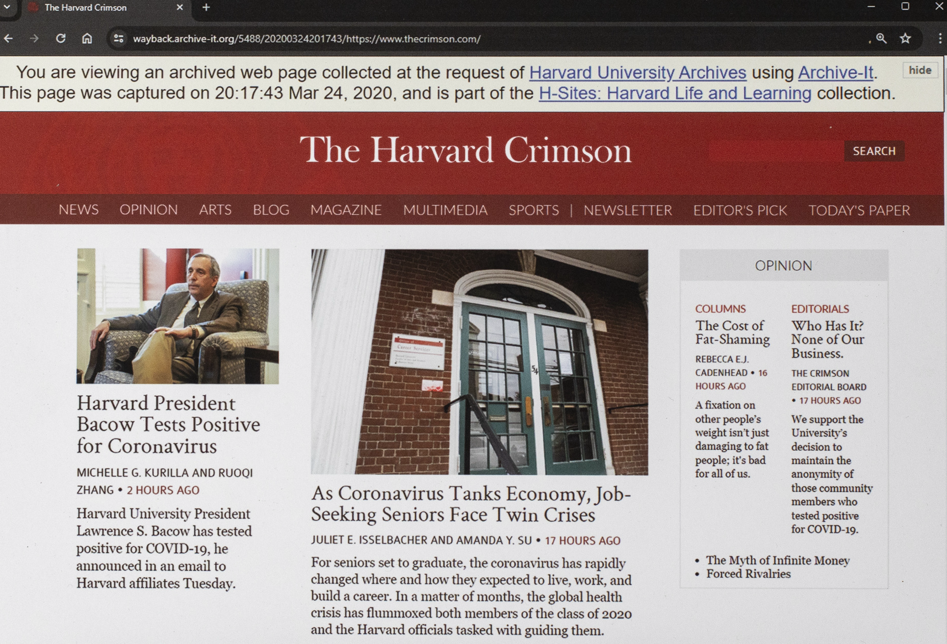 screen capture of the Harvard Crimson website