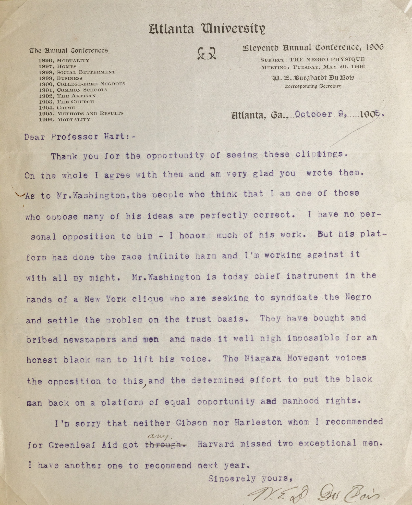 letter from Hart received in response to his exploration of racial dynamics in the U.S. South