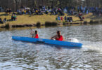 The University of Georgia team paddles in their 2025 concrete canoe, Argo III, on Lake Herrick. (Photo by Lillian Ballance)
