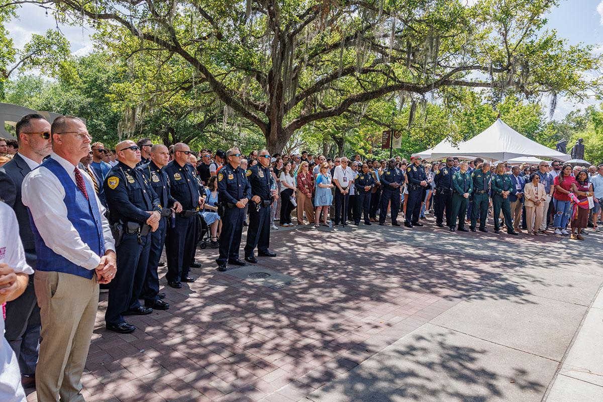 Law enforcement personnel, first responders, and community allies stood alongside FSU students, faculty, and staff for a moment of reflection during the Unite at the Union event on Monday, April 28, 2025. (Bill Lax/FSU Photography)