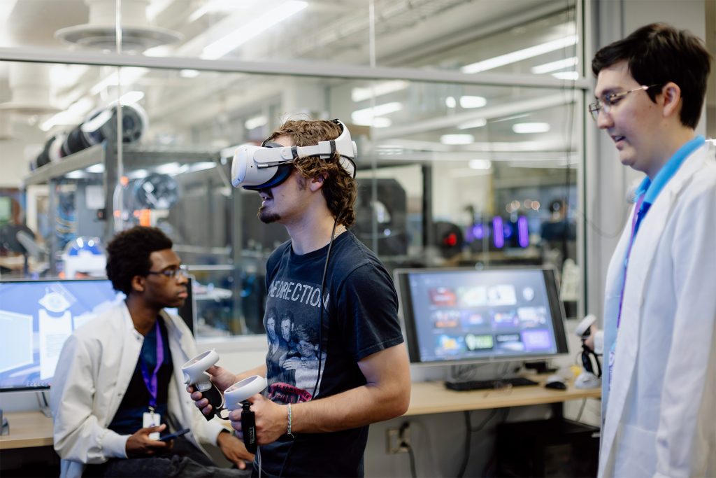 FSU student engages with ARBITER — a virtual reality research instrument developed by a game studio founded by FSU alumni, Arcvale, for the Psychology Department in the College of Arts and Sciences. (Madison Dodd)