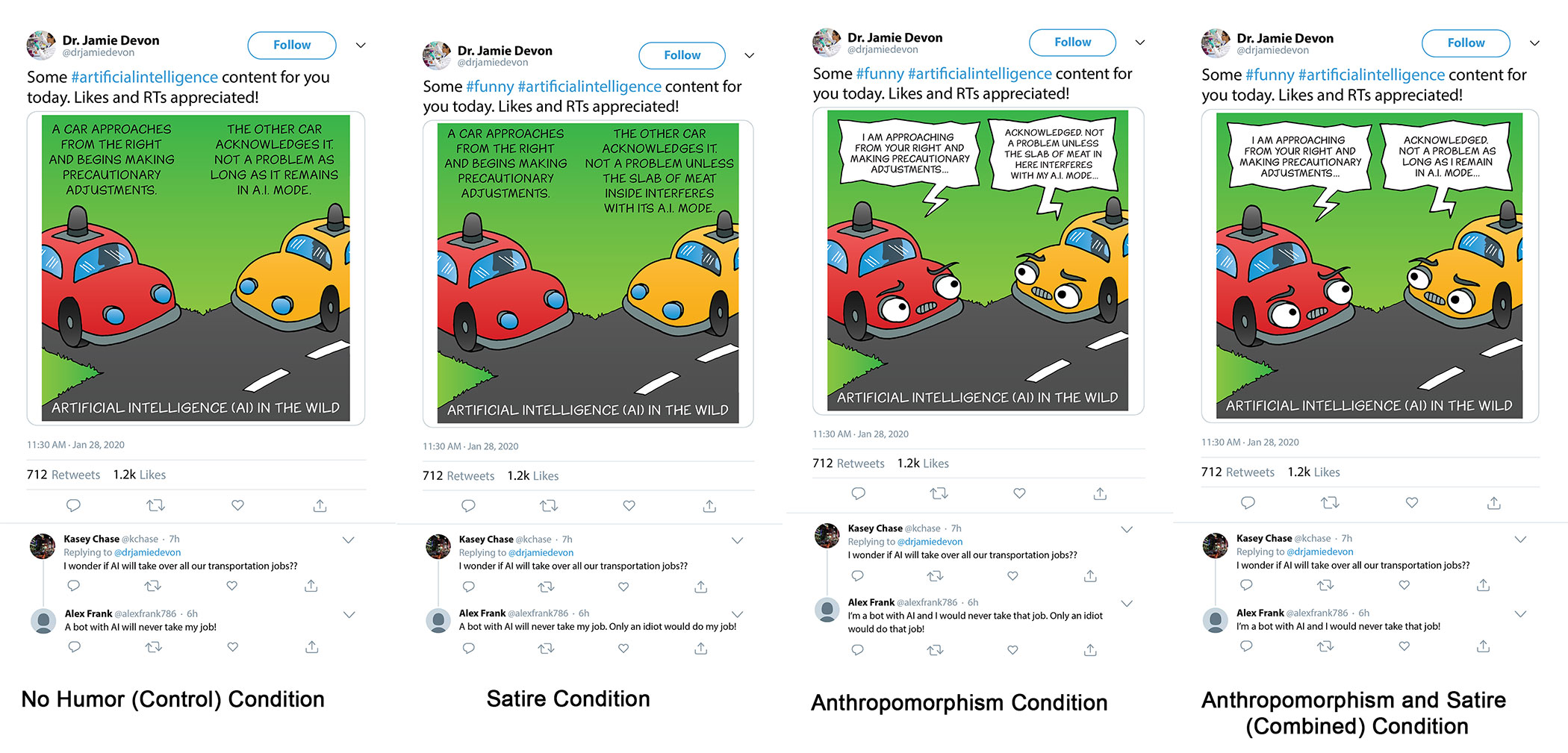Various tweets featuring amusing AI-generated content shared by a scientist on Twitter for a study.