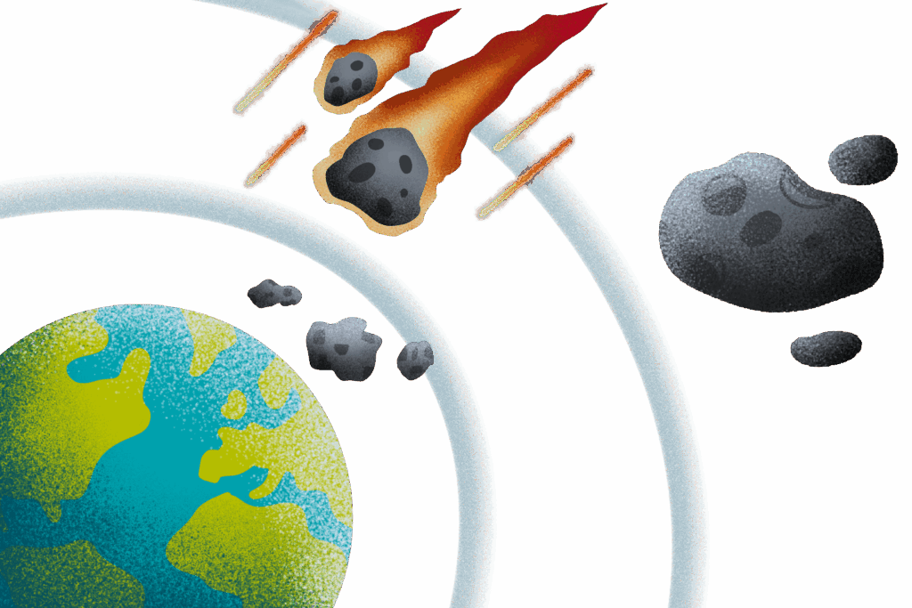 A cartoon image of numerous flaming rocks in space descending towards the Earth.