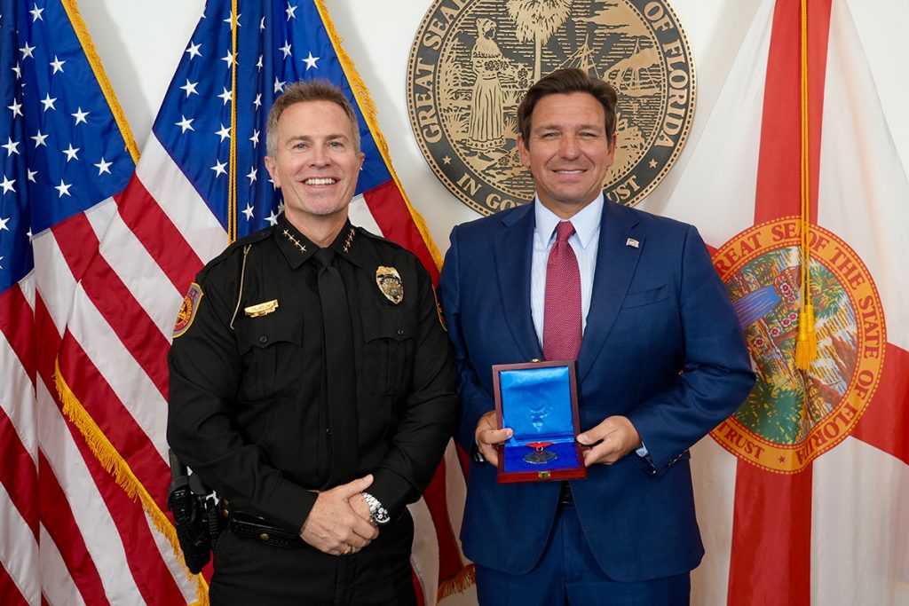 FSUPD Chief Jason Trumbower accepts the Governor's Medal of Heroism from Florida Gov. Ron DeSantis on Wednesday, April 25, 2025. (Office of the Governor)