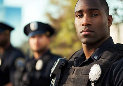 Concept photo of an officer in focus looking at the camera, with two other officers in the background. Image credit: Nicole Smith, created with Midjourney
