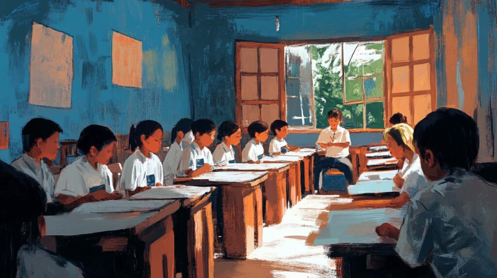 Illustration concept of a classroom setting in the Philippines. Image credit: Nicole Smith, crafted with Midjourney