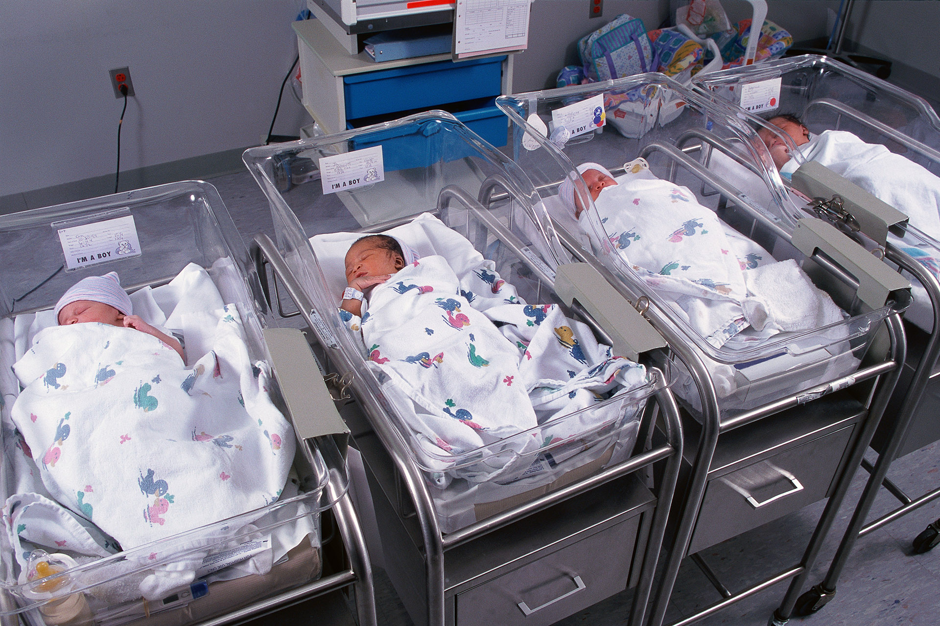 Newborns in a healthcare nursery.