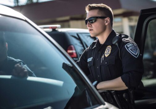 Concept image of an officer conversing with a driver during a traffic stop. Image credit: Nicole Smith, created with Midjourney