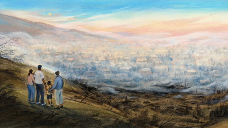 Following the wildfires, the necessity has never been greater for USC scholars to implement innovative approaches that significantly advance sustainability, community participation and the reimagining of Los Angeles. (Illustration/Sally Deng)