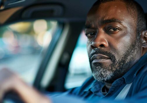 Concept illustration of a Black man driving a car. Image credit: Nicole Smith, created with Midjourney