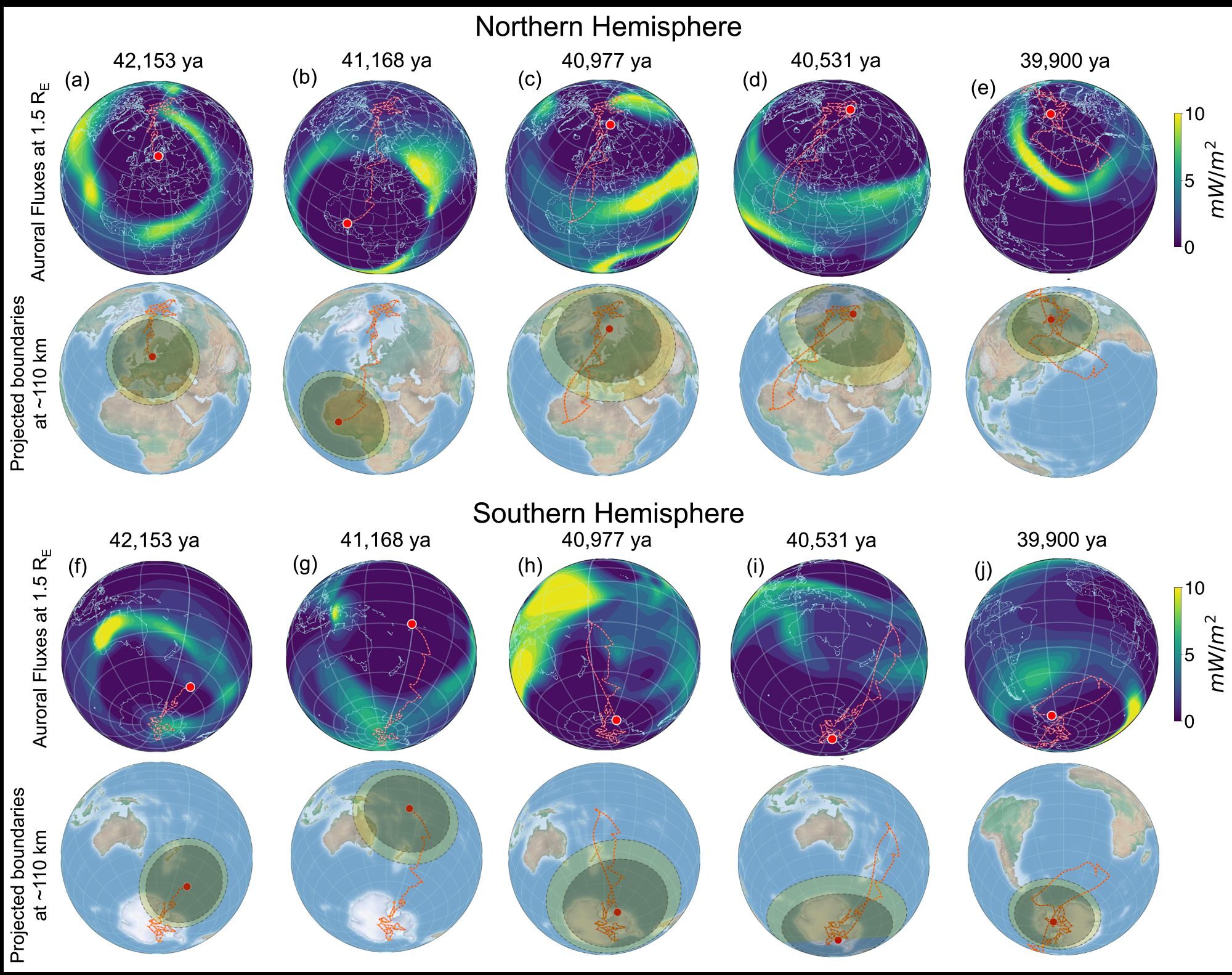 During the Laschamps excursion, a period between 42,200 and 41,500 years ago, the north and south poles shifted from their geographical locations. At this time, auroras, shown here in gradients of green and yellow, were visible across most of the globe. Image credit: Agnit Mukhopadhyay, University of Michigan