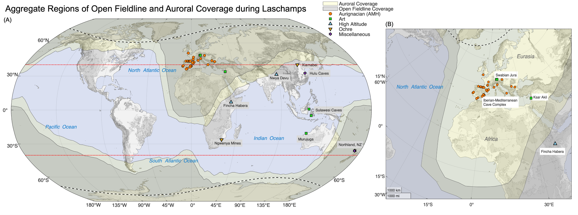 This figure depicts a map showcasing the regions where auroras were observable on Earth during the Laschamps excursion, a timeframe between 42,200 and 41,500 years ago. The map additionally highlights zones of human engagement on a worldwide scale. Image credit: Agnit Mukhopadhyay, University of Michigan