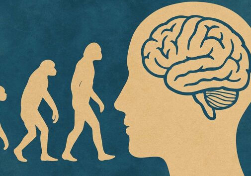 Concept illustration of evolving humans and a brain. Image credit: Nicole Smith, made with ChatGPT
