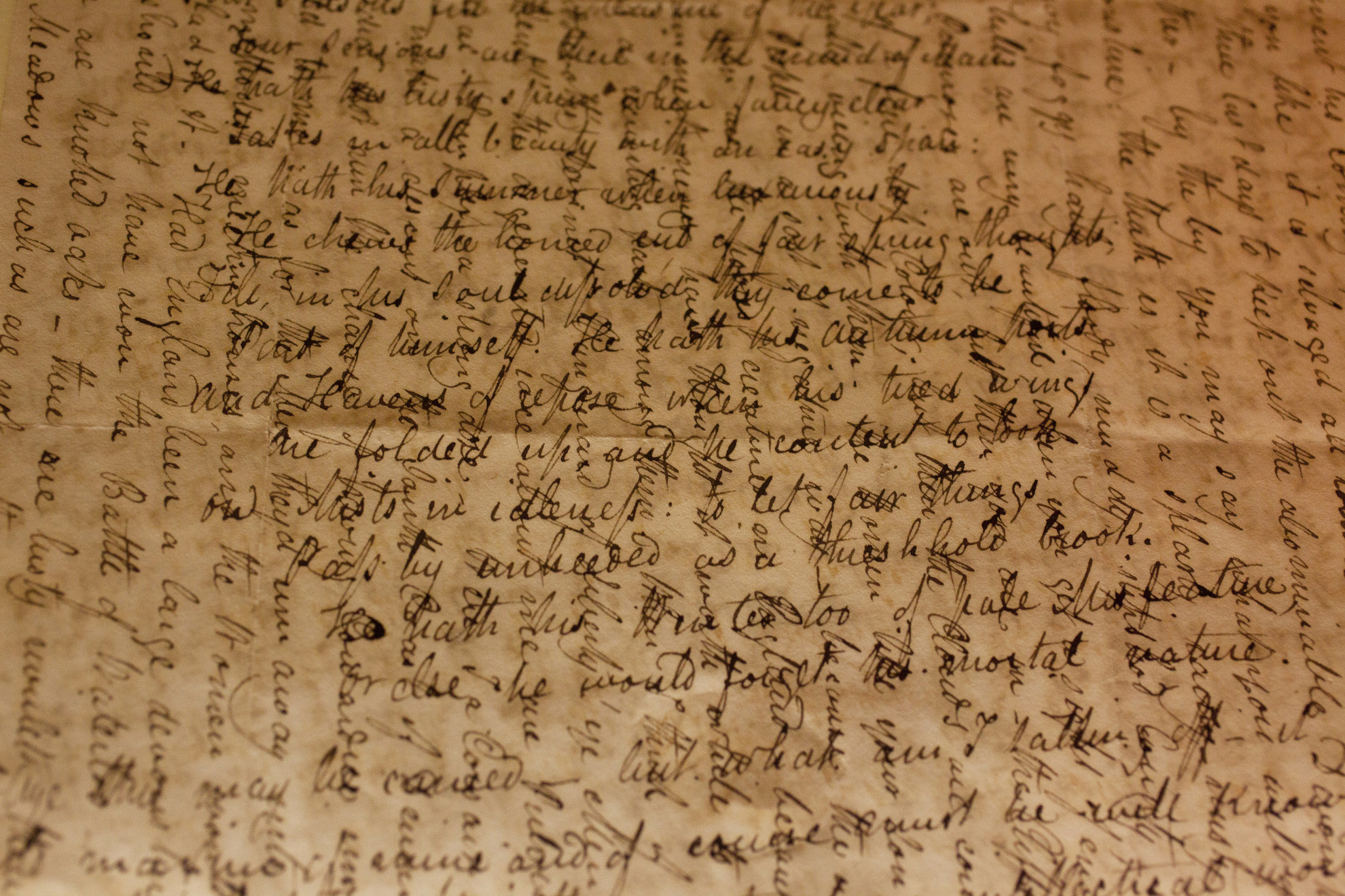 A detailed image of writing by Keats in the Keats Room in Houghton Library illustrating cross-writing, a resource-efficient use of paper during a time when paper was a precious commodity.