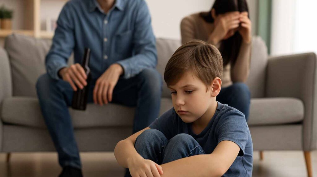 Conceptual image of a child and parents insinuating substance misuse in the household. Image credit: Nicole Smith, created with Midjourney