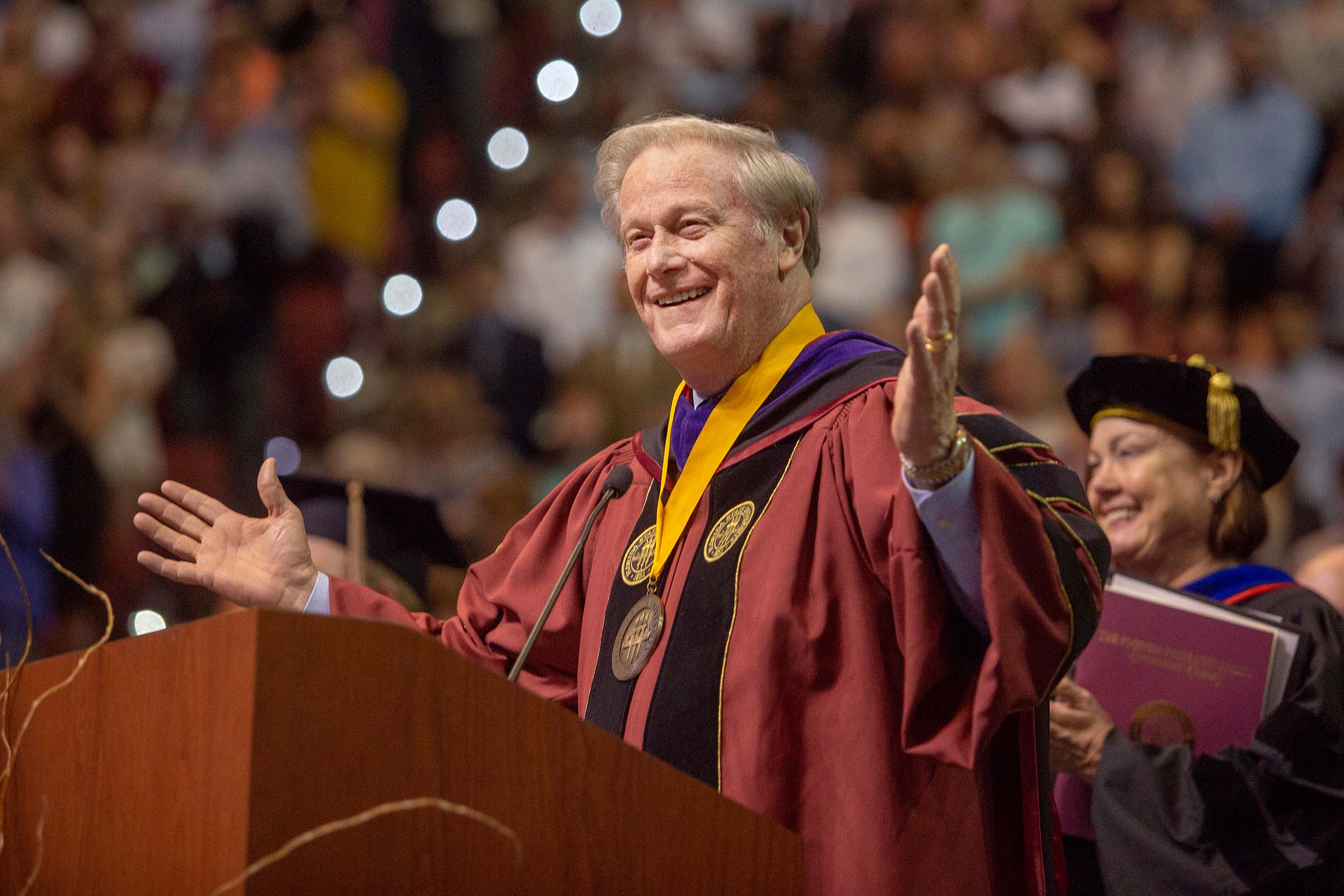 President Thrasher greets graduates and guests at Spring Commencement in May 2018.