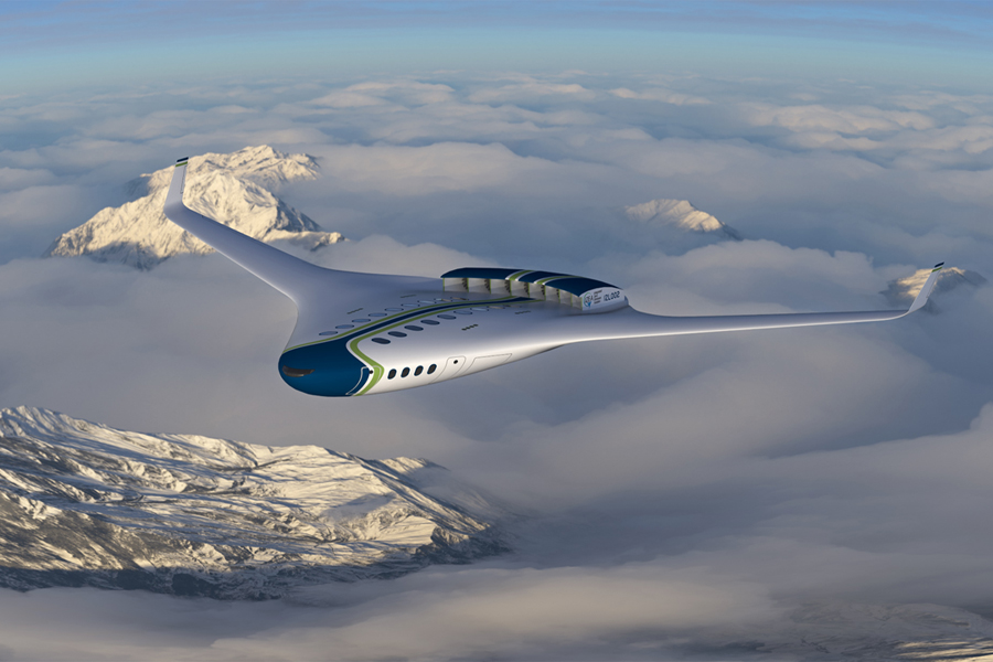 An artist's depiction of a 100-passenger hybrid-electric aircraft powered by hydrogen. (Courtesy of Wei Guo)