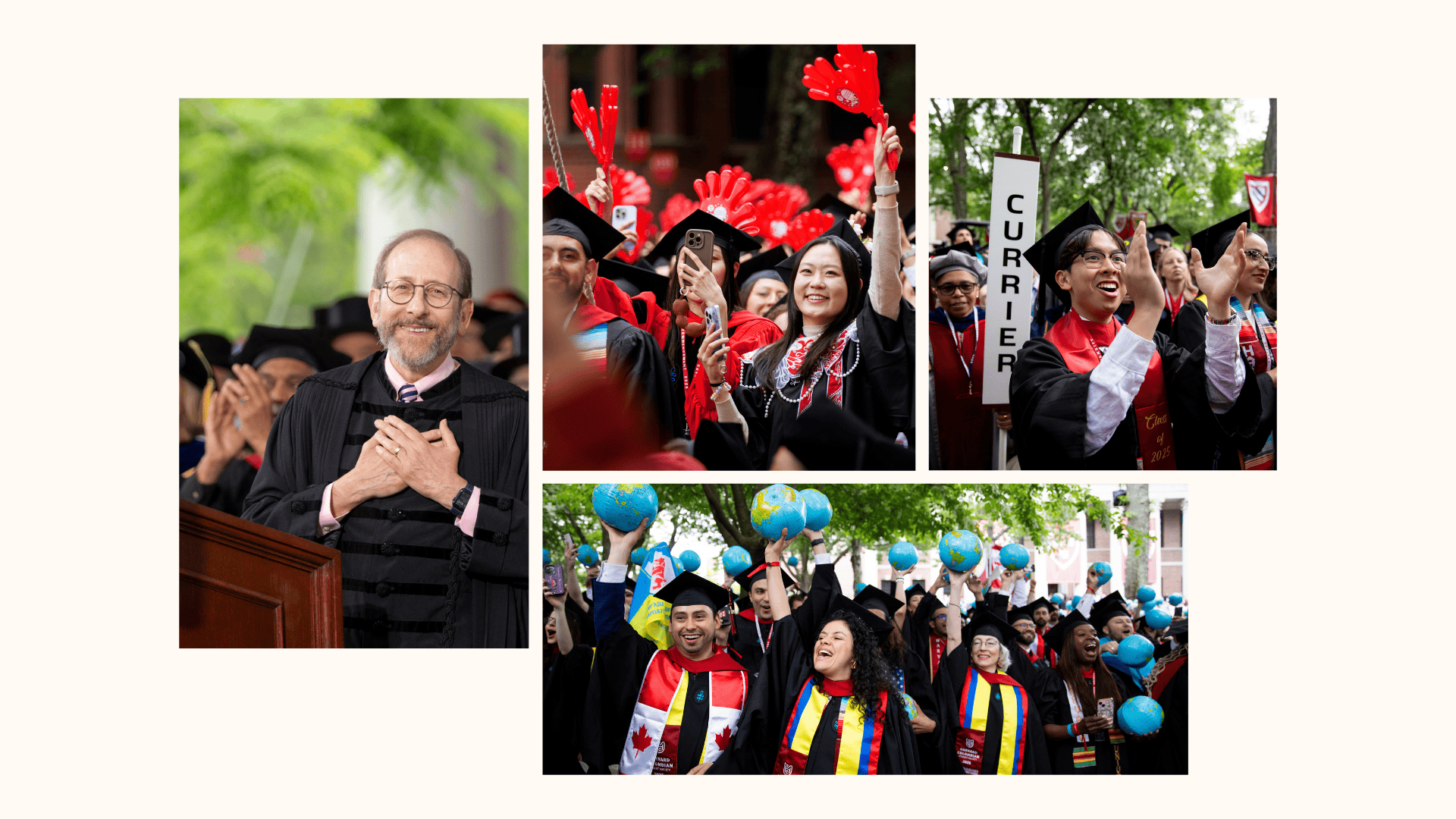A collage of photographs from Harvard's Commencement ceremony.