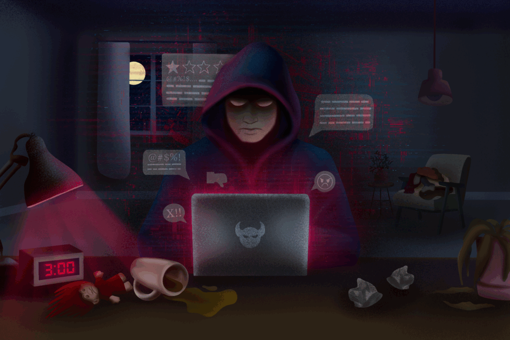 A colorful sketch of an internet troll sitting at his desk in the dark.