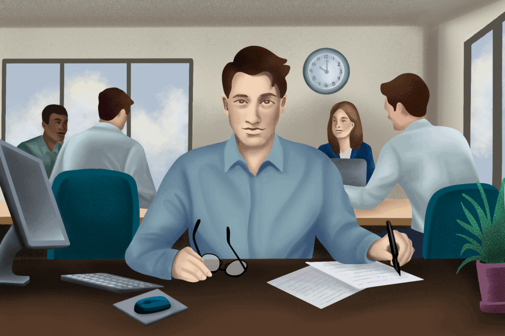 A colorful sketch of a man sitting at a desk.