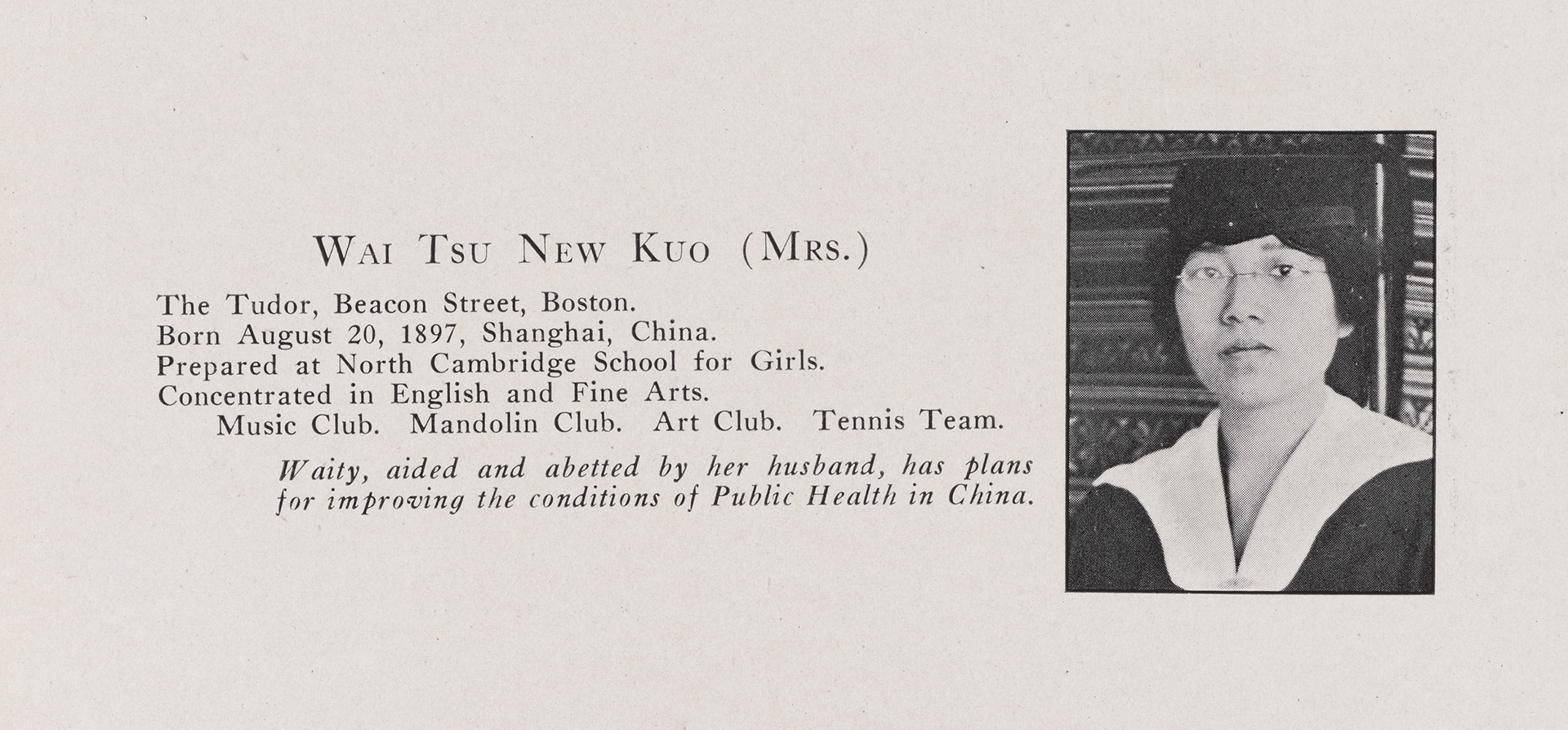 1919 Radcliffe Institute yearbook image of Wai-Tsu New Kuo