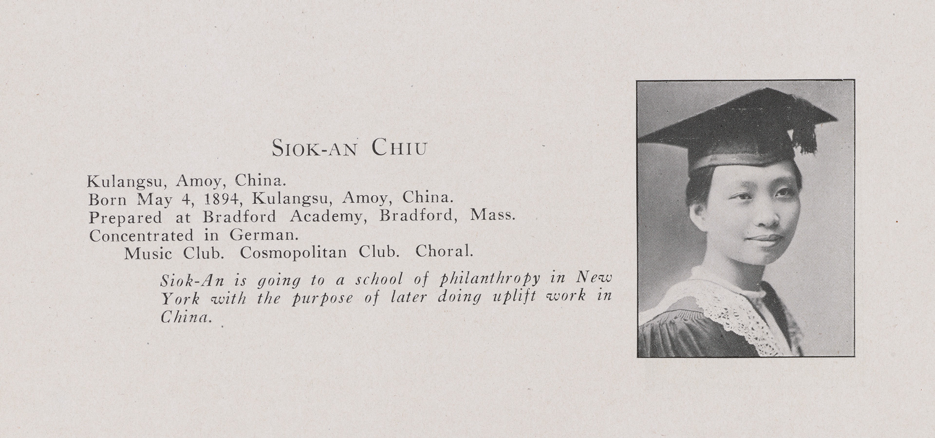 1919 Radcliffe Institute yearbook entry for Siok-An Chiu Wu
