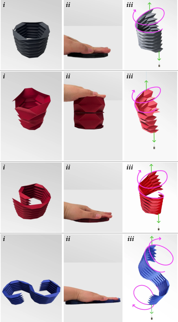 Four distinct illustrations of origami structures composed of trapezoidal subunits are displayed: two cylinders, a coil, and an s-shape. An adjacent panel demonstrates each structure being pressed flat by a hand, except for one of the cylinders, which is folded in such a manner that it endures the force of the hand. In the final panel, the shapes are illustrated extended by pulling their ends in opposite directions.