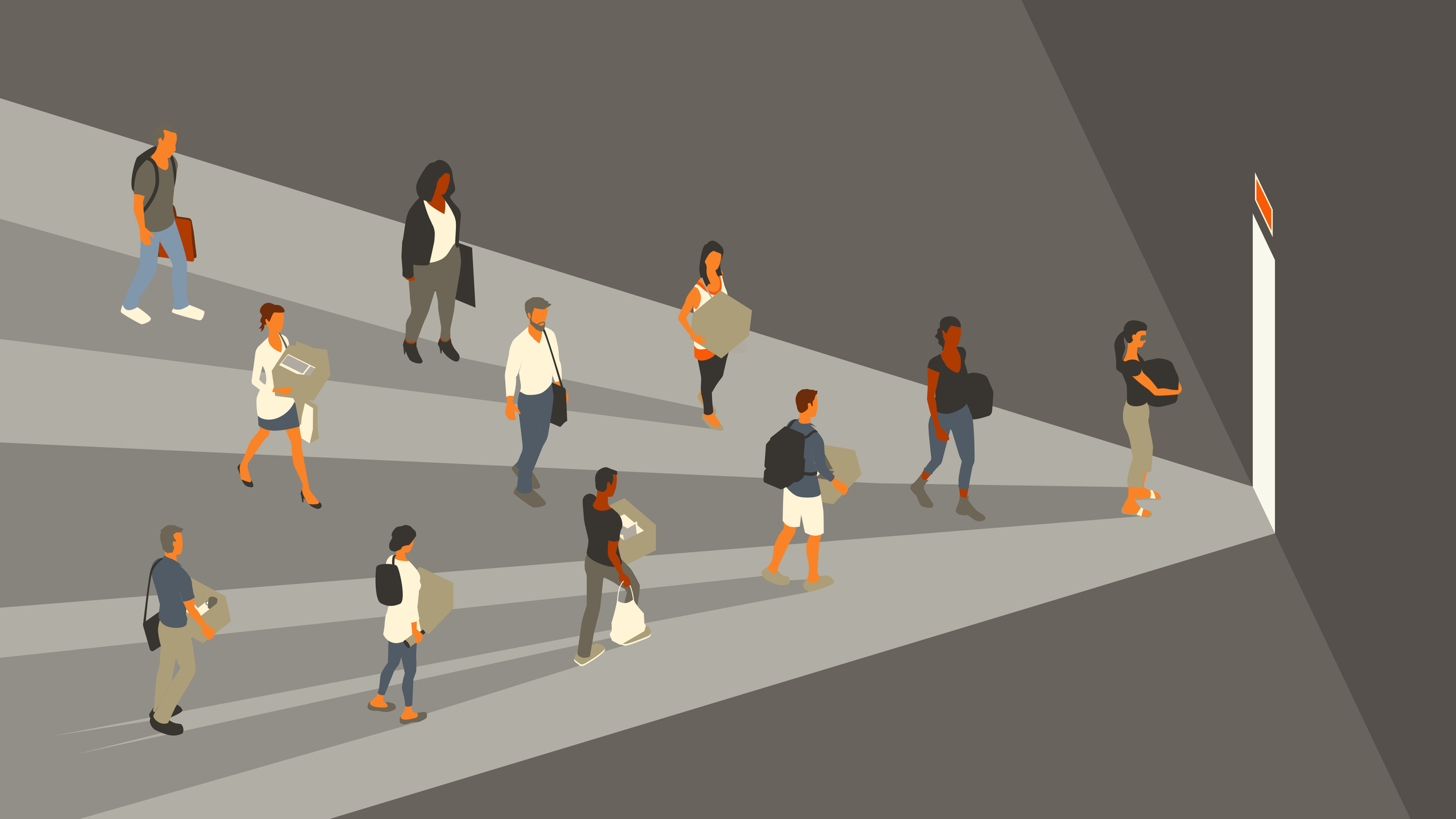 individuals move through a vast, dimly lit area towards the exit