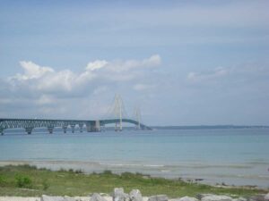 A view of the Mackinac Bridge and the Straits of Mackinac as seen from Mackinaw City, Michigan. Image credit: Michael Barera, CC BY-SA 4.0, via Wikimedia Commons