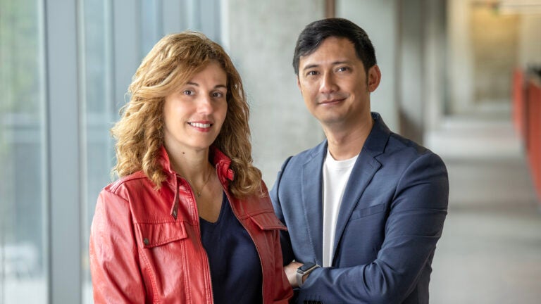 Vaia Lida Chatzi (left) and Max Aung are investigating the health ramifications of PFAS, a series of synthetic chemicals associated with fatty liver disease, fertility complications, developmental delays, hypertension, cancer and various other disorders. They have recently been awarded an $8 million, 5-year grant from the National Institute of Environmental Health Sciences to create a USC Superfund center dedicated to researching and addressing PFAS contamination. (USC Photo/Gus Ruelas)
