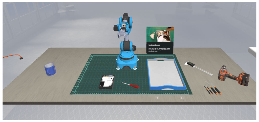 A virtual reality rendering of a workspace.