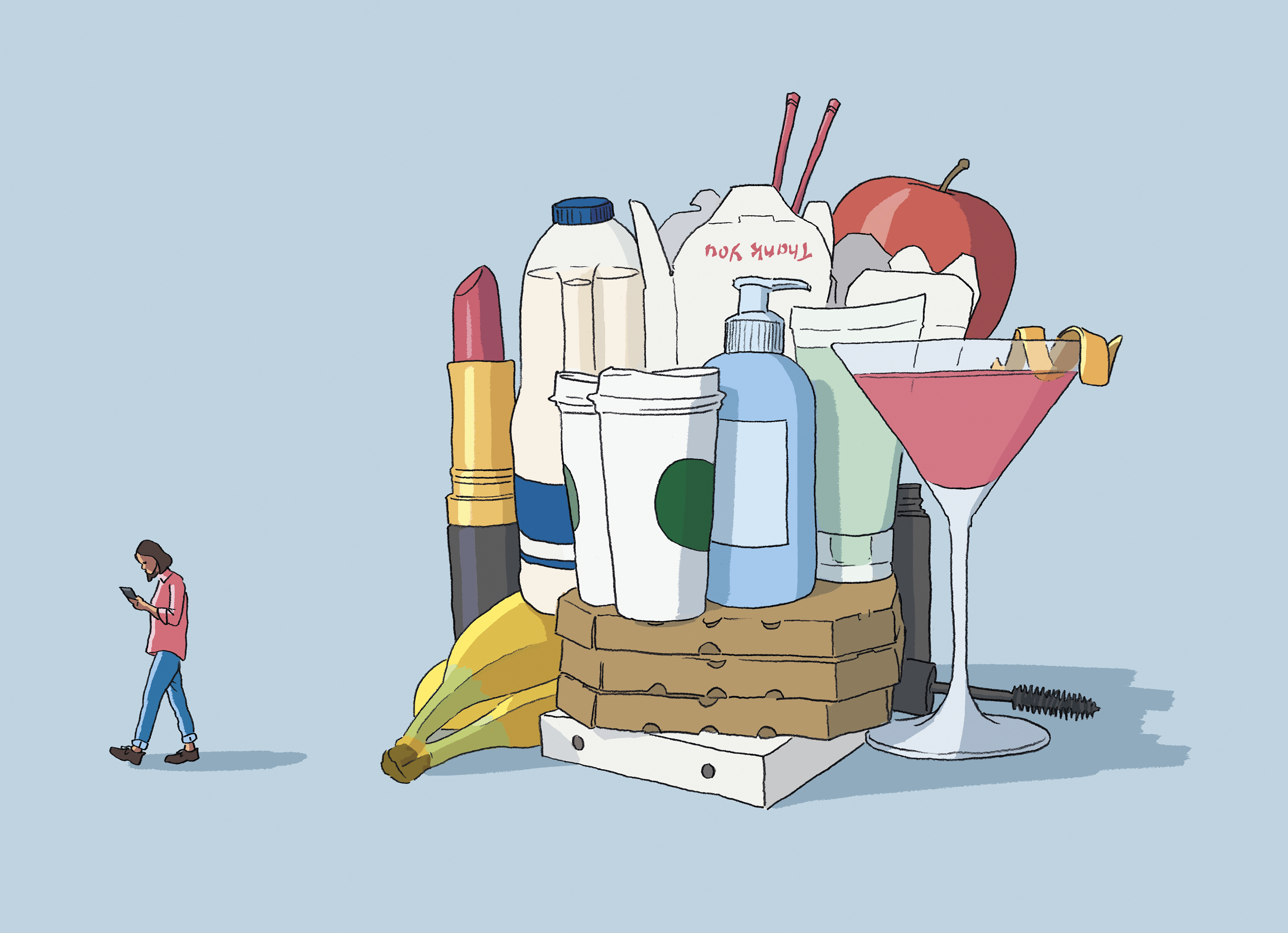 woman walking away from lipstick, milk, coffee, pizza box, bananas, a martini, an apple, lotion, and Chinese food.