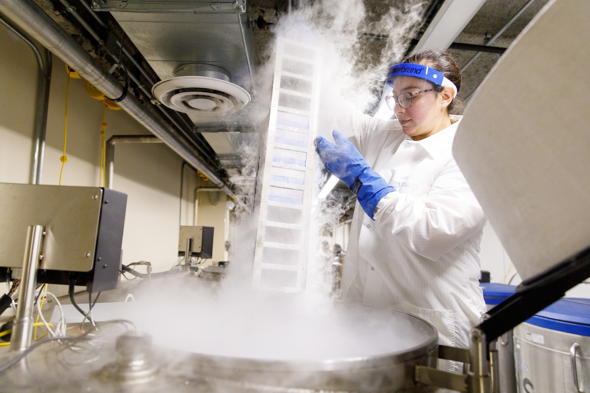 Researcher takes biological samples from freezer.