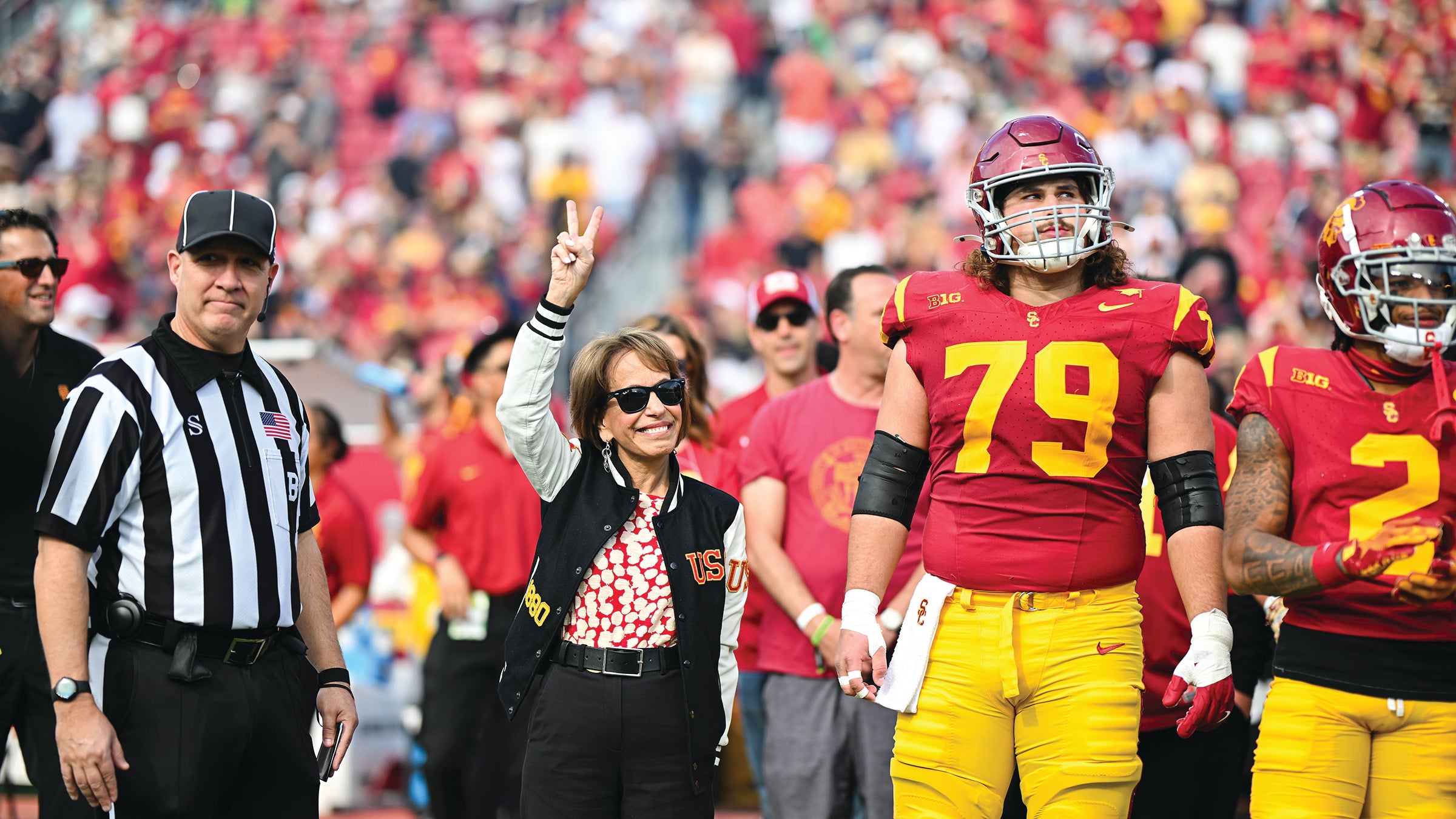 USC President Carol Folt cheering on the Trojans during a clash against rivals Notre Dame in 2024. (USC Athletics Photo/John McGillen)