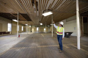 Director of Historic Preservation Scott Messer of the University Architect’s office discusses the cast iron columns on a tour inside the Holmes-Hunter Academic Building renovation project. (Andrew Davis Tucker/UGA)
