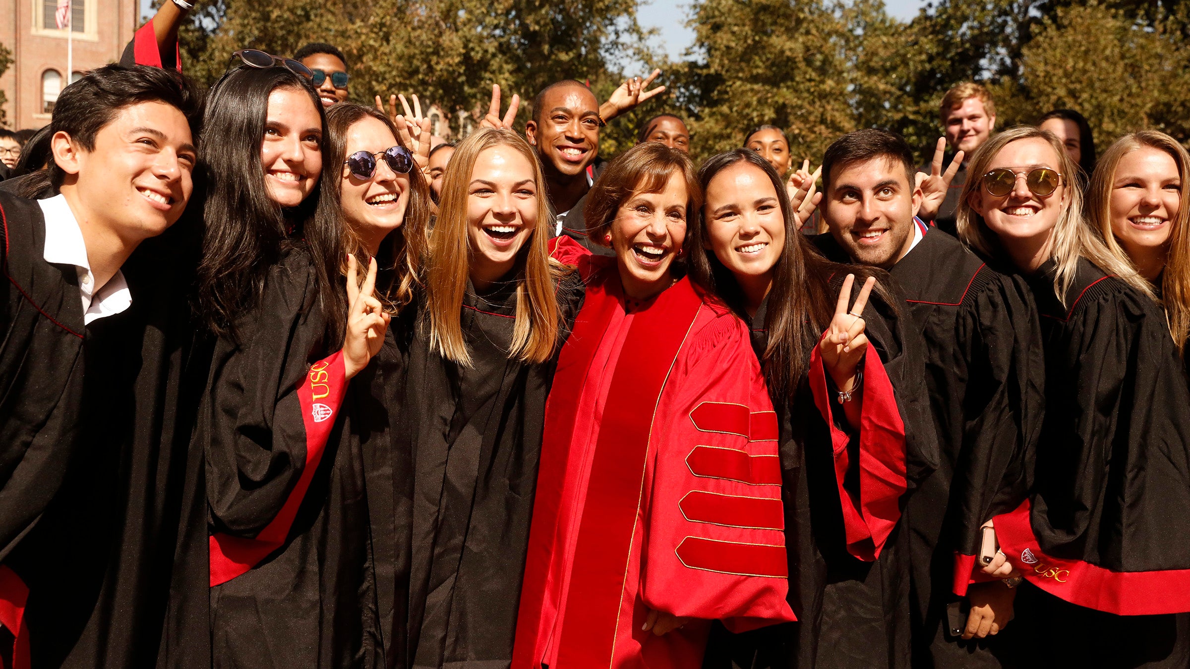 Students have been a primary focus of USC President Carol Folt’s presidency from the outset; during her 2019 inauguration, she even paused to take a few photos with them amid the festivities. (USC Photo/Steve Cohn)